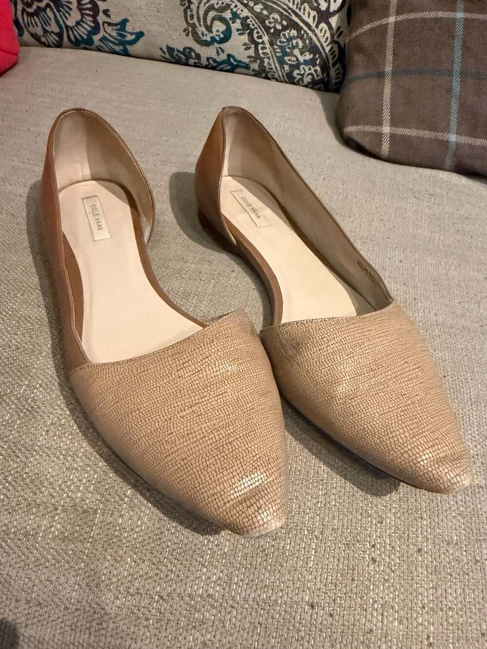 Cole Haan Gemma D'Orsay Flat Taupe Metallic Crosshatch Leather Size 9.5B